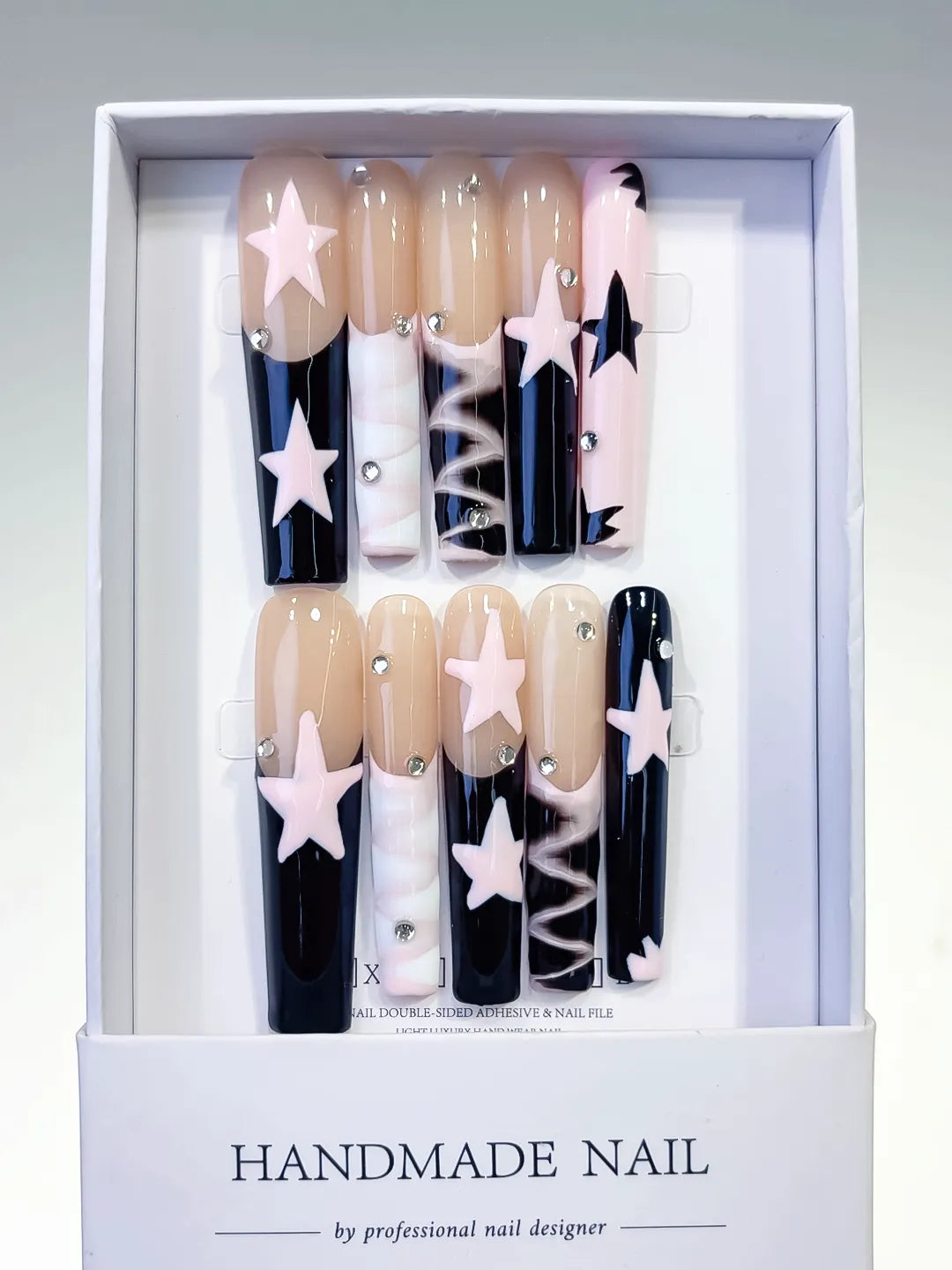 L110 - Long Nude White Square Abstract Star Rhinestone