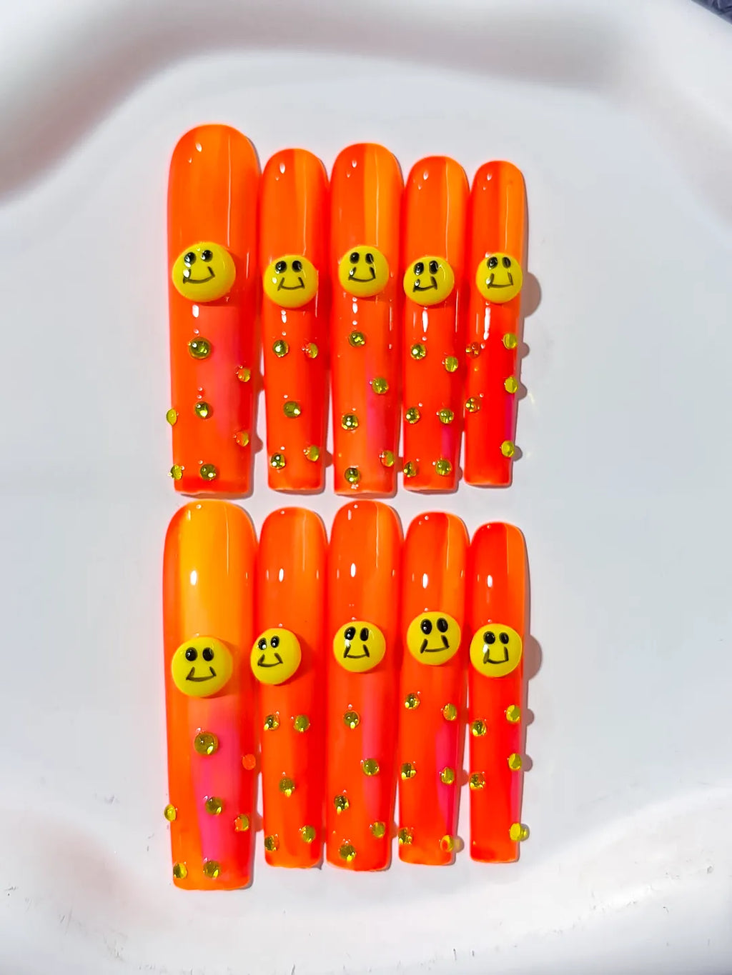 L111 - Long Orange Pink Square Ombre Smiley Rhinestone