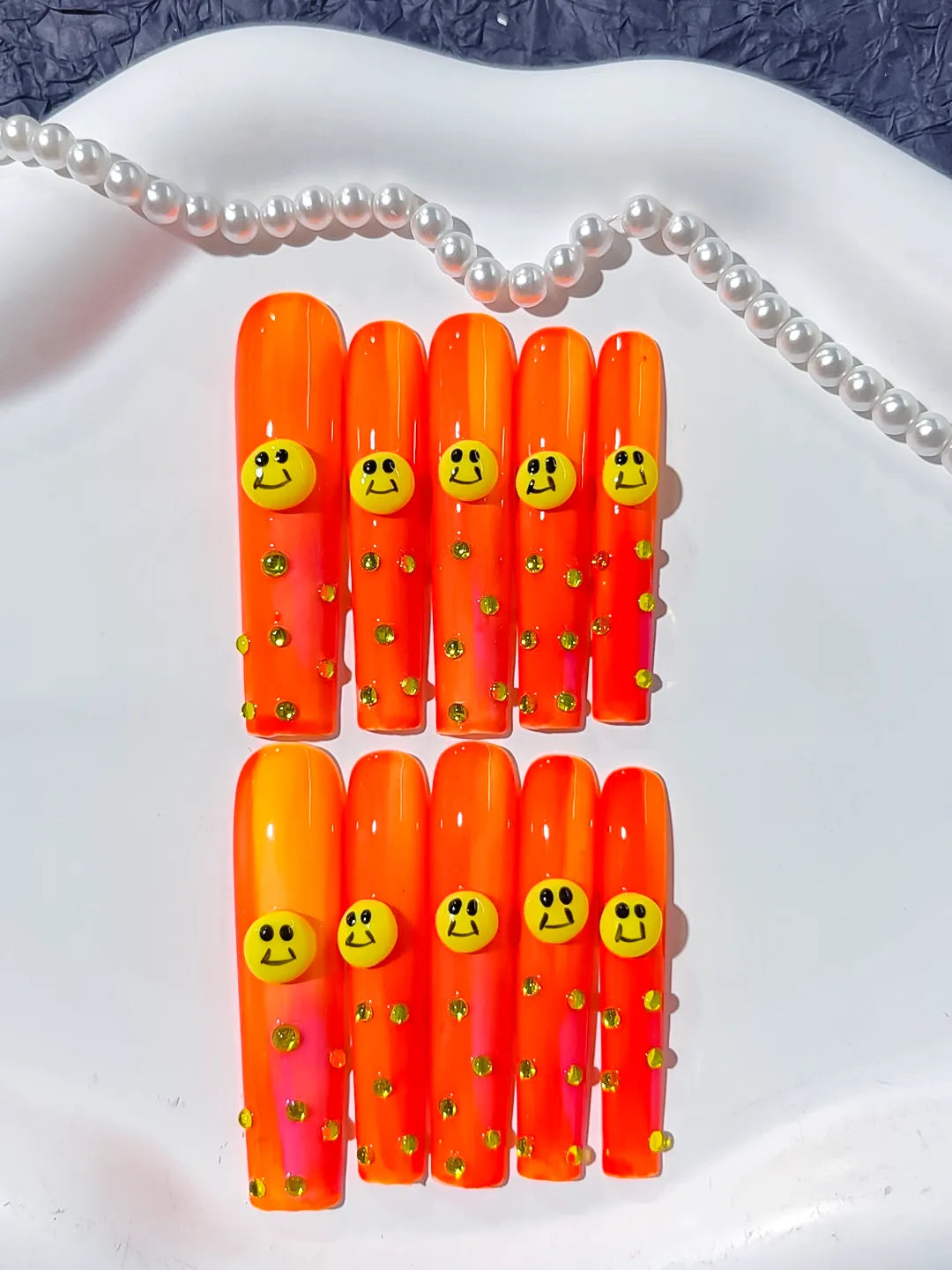 L111 - Long Orange Pink Square Ombre Smiley Rhinestone