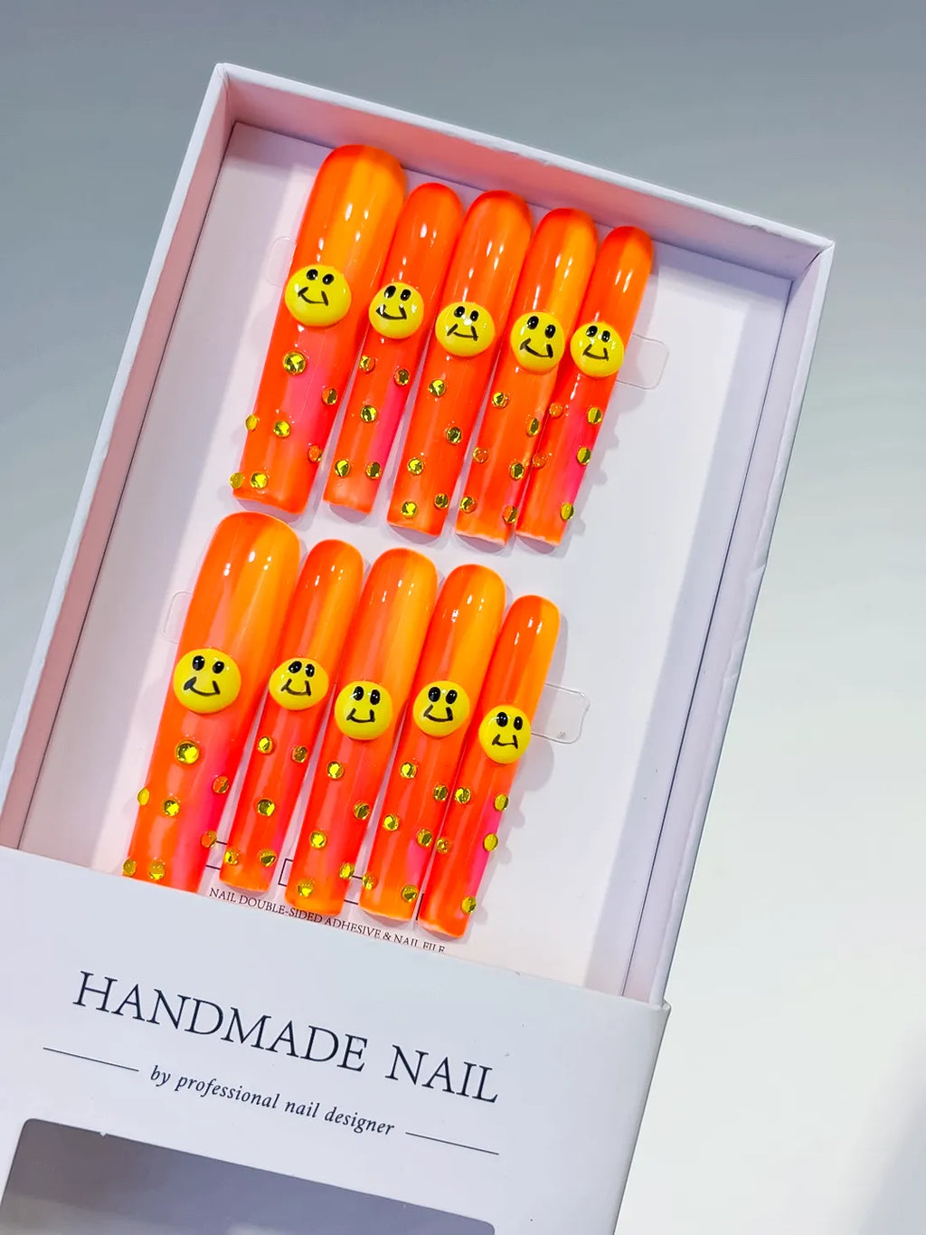 L111 - Long Orange Pink Square Ombre Smiley Rhinestone