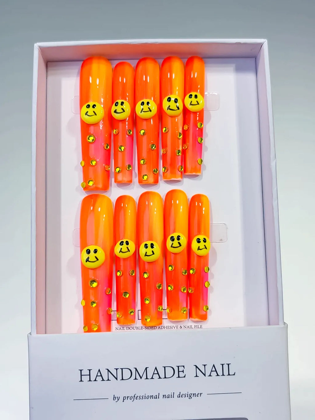 L111 - Long Orange Pink Square Ombre Smiley Rhinestone