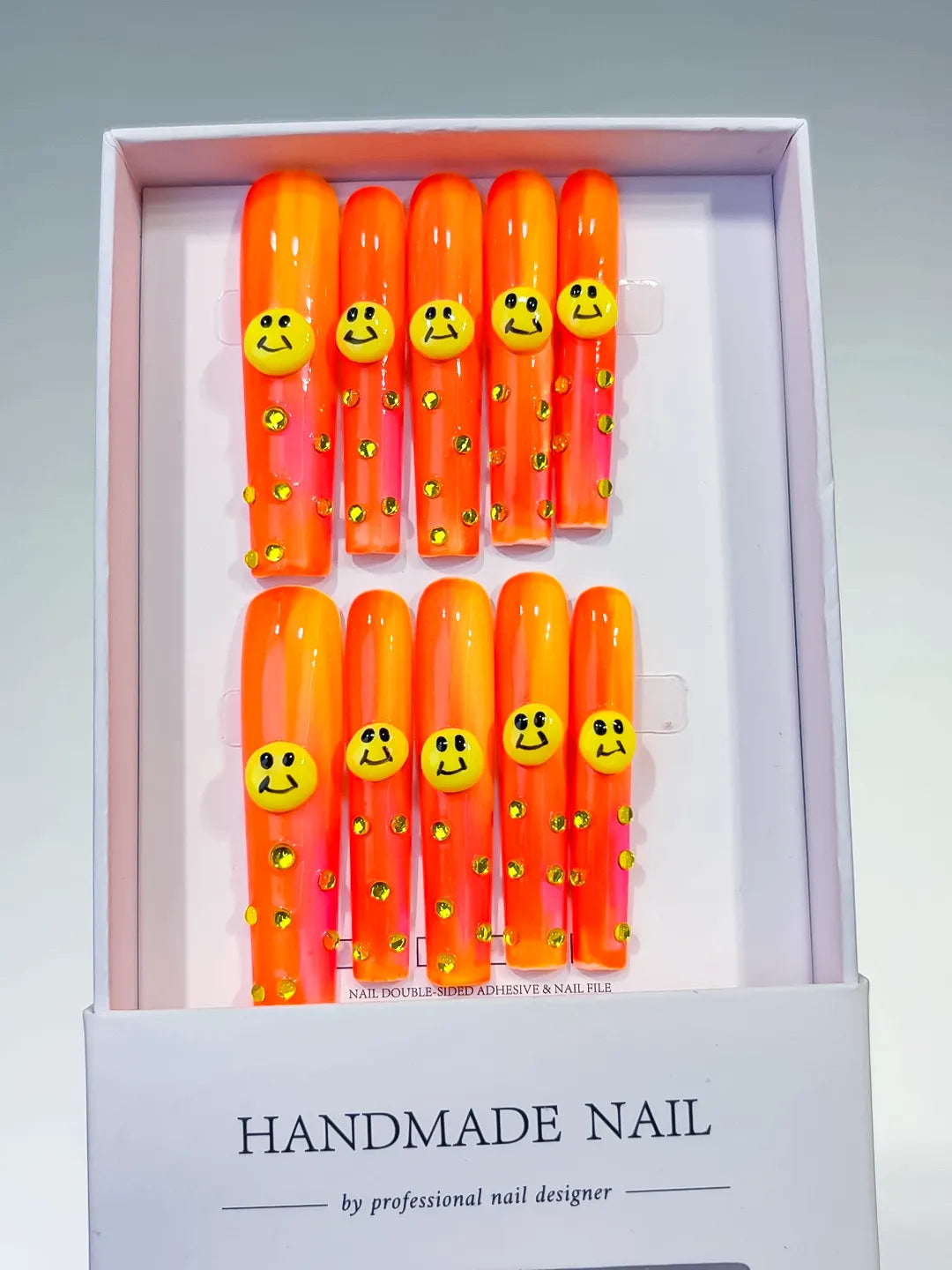 L111 - Long Orange Pink Square Ombre Smiley Rhinestone