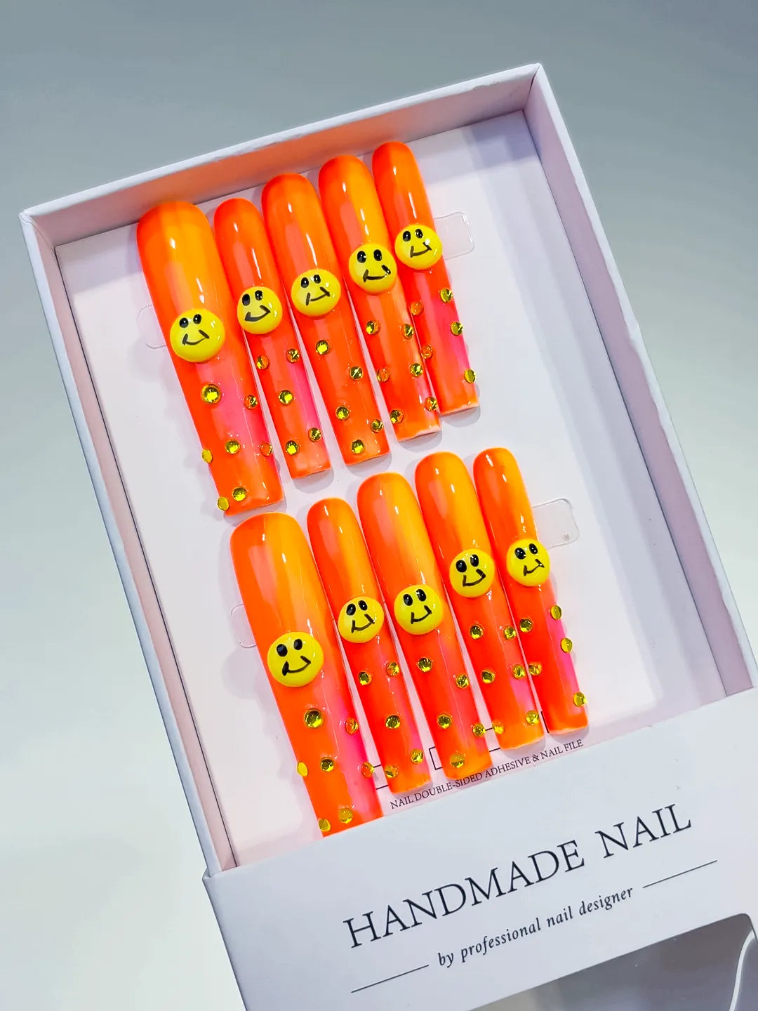 L111 - Long Orange Pink Square Ombre Smiley Rhinestone