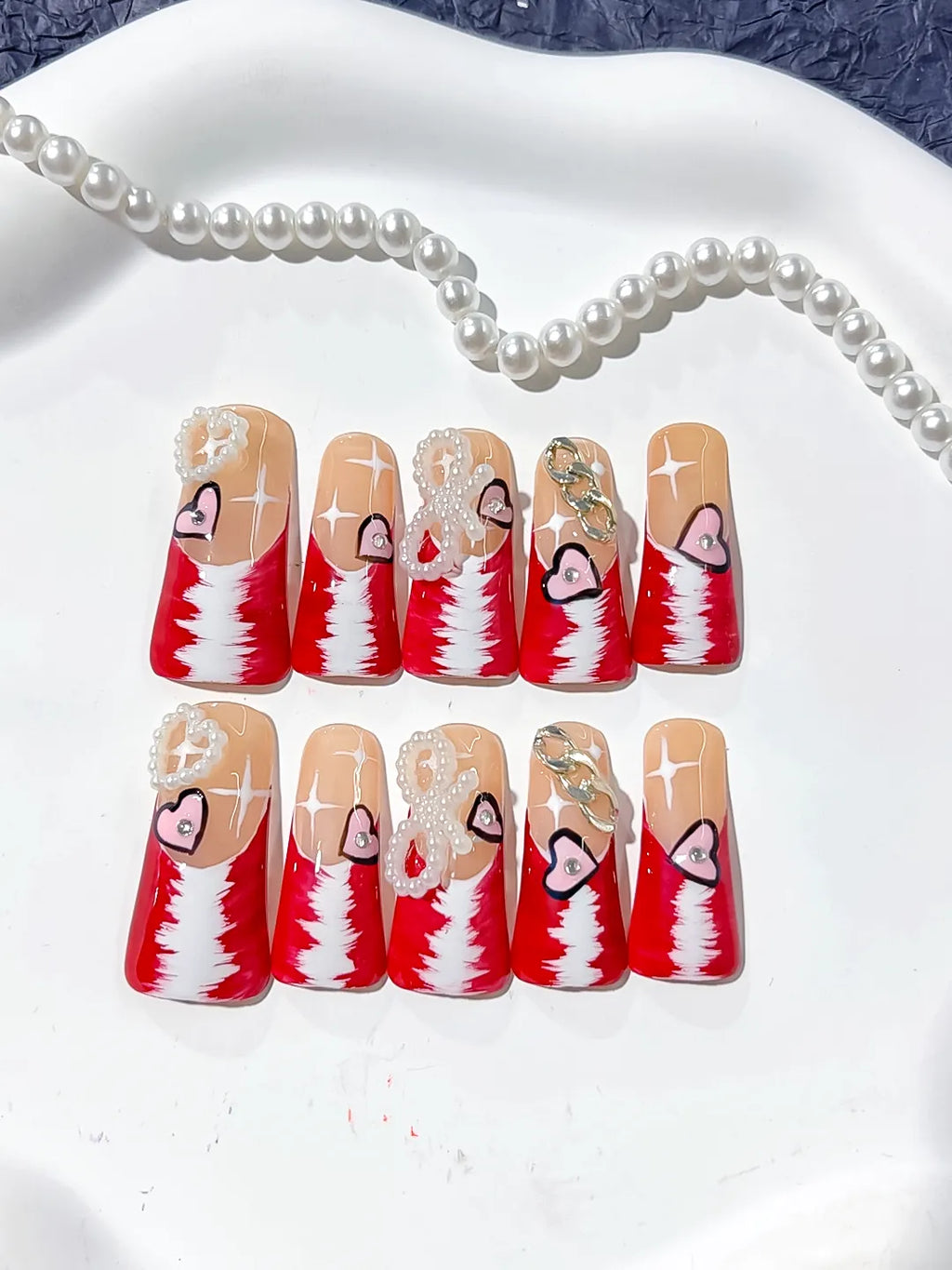 L113 - Long Nude Red Duck French tip Heart Chain