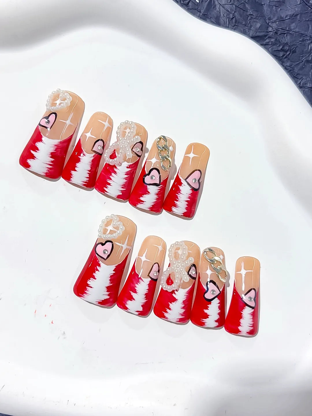 L113 - Long Nude Red Duck French tip Heart Chain