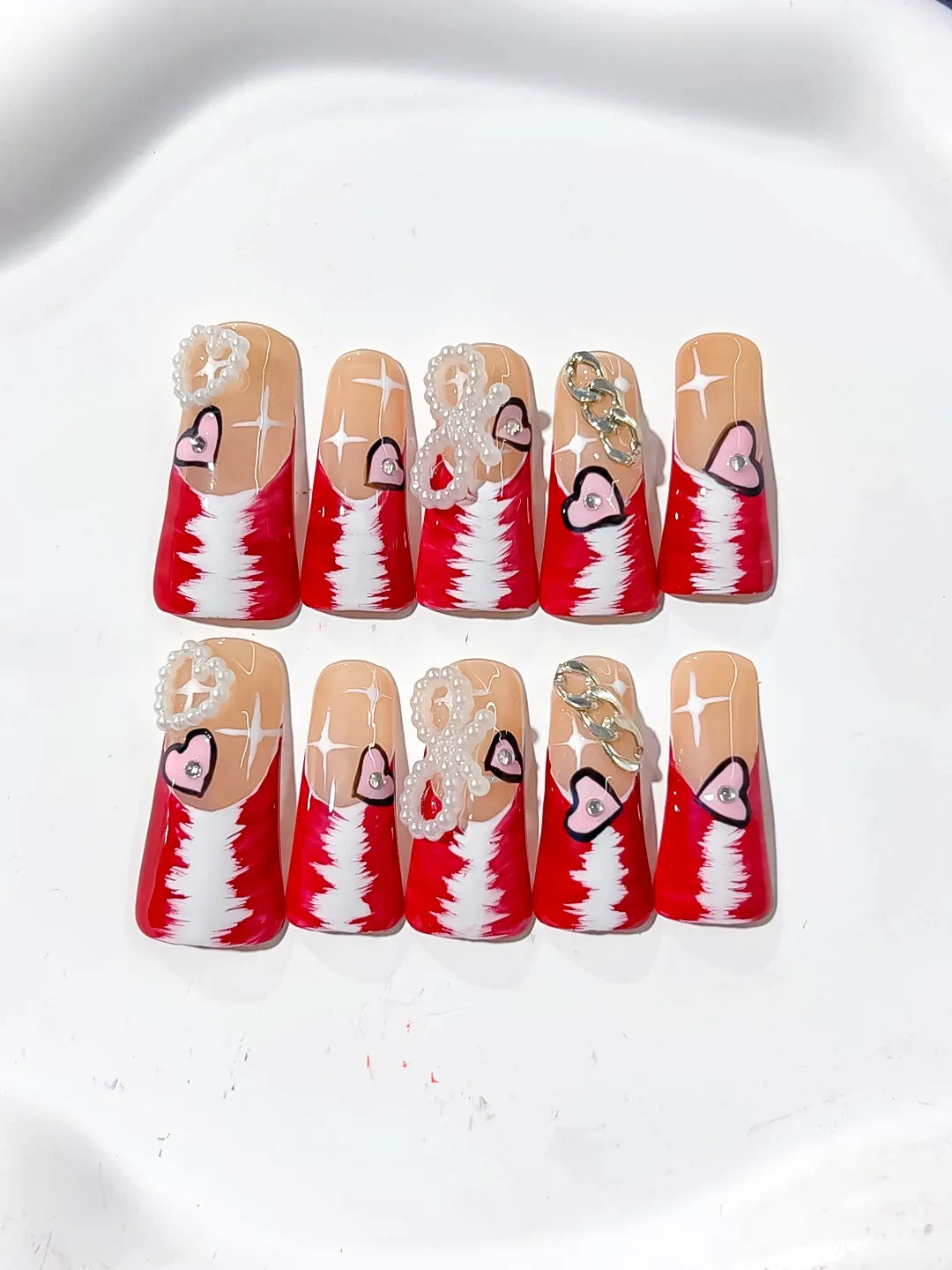 L113 - Long Nude Red Duck French tip Heart Chain