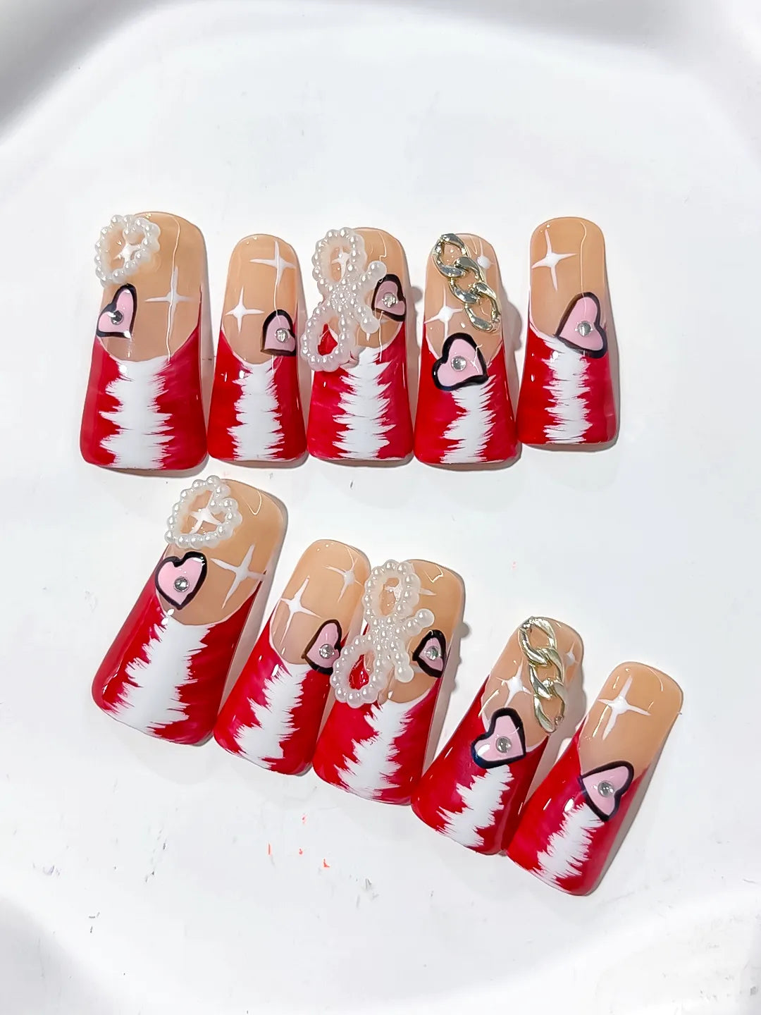 L113 - Long Nude Red Duck French tip Heart Chain