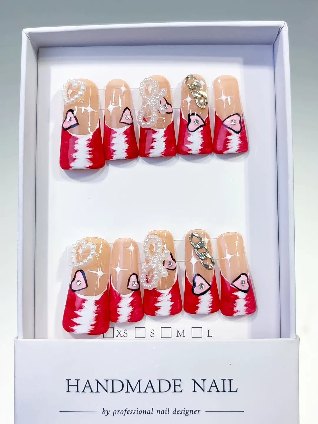 L113 - Long Nude Red Duck French tip Heart Chain