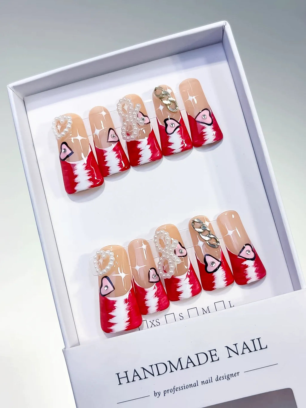 L113 - Long Nude Red Duck French tip Heart Chain
