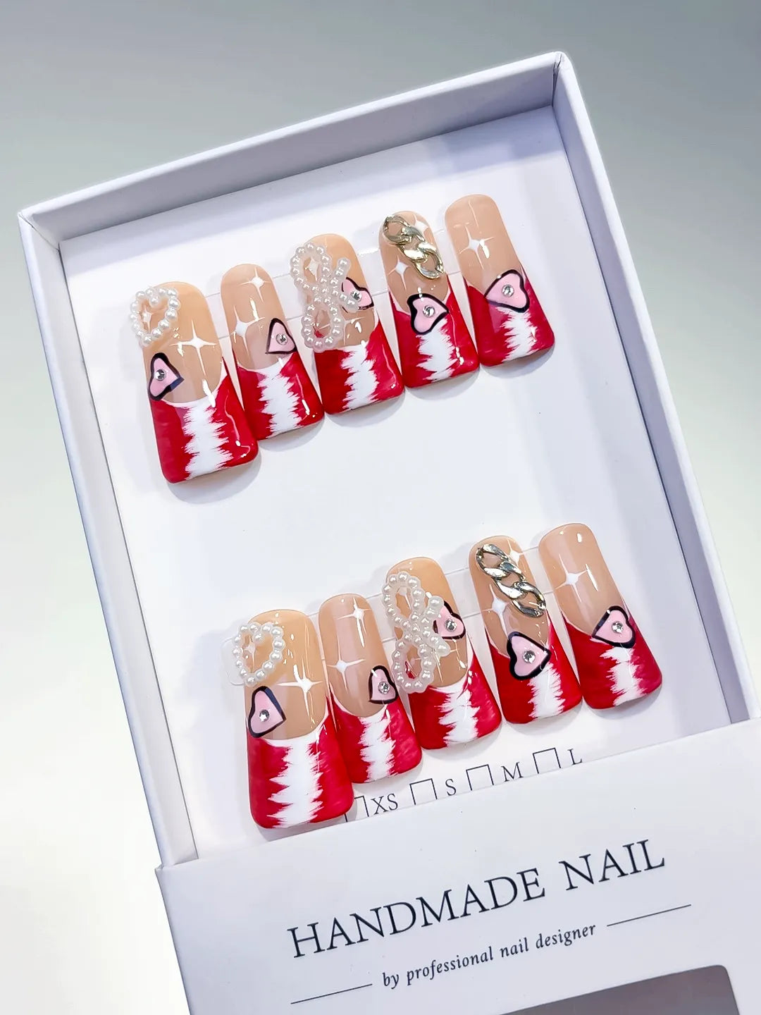 L113 - Long Nude Red Duck French tip Heart Chain