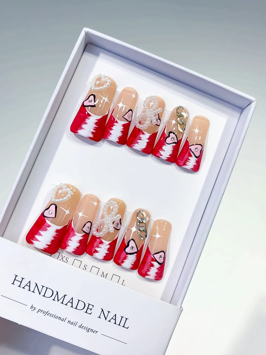 L113 - Long Nude Red Duck French tip Heart Chain