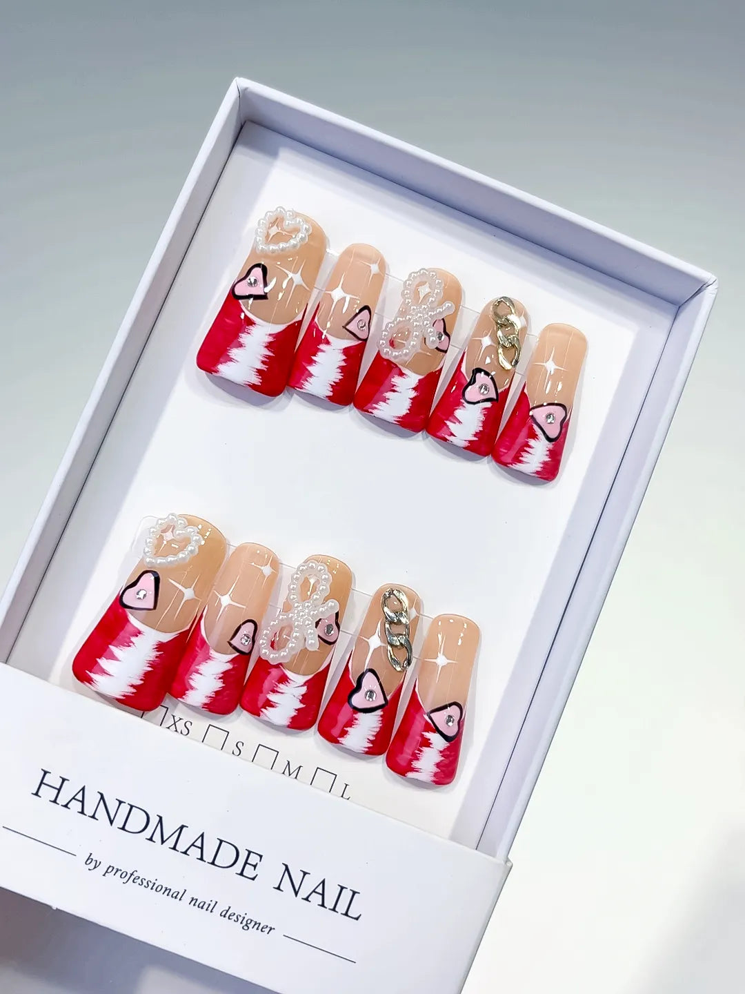 L113 - Long Nude Red Duck French tip Heart Chain