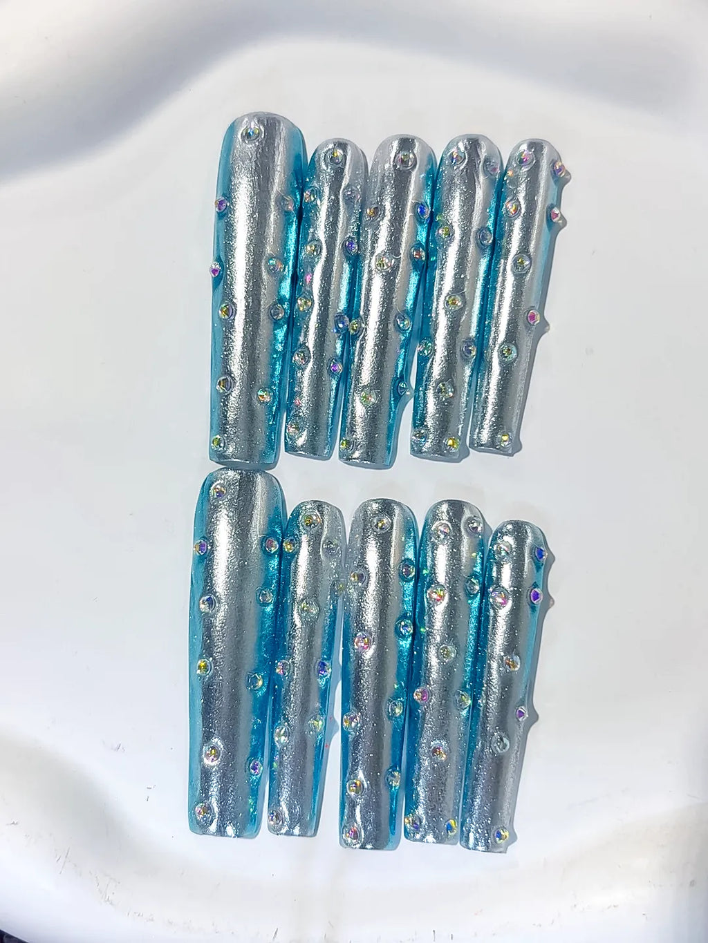 L114 - Long Silver Blue Square Metallic Rhinestone