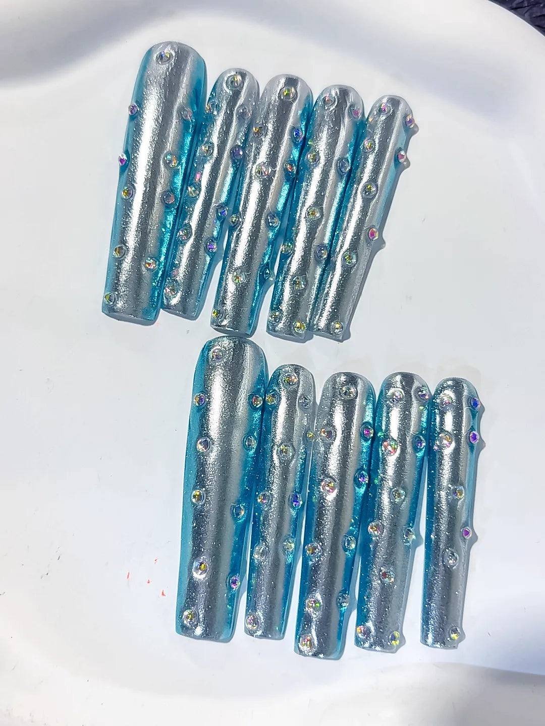 L114 - Long Silver Blue Square Metallic Rhinestone