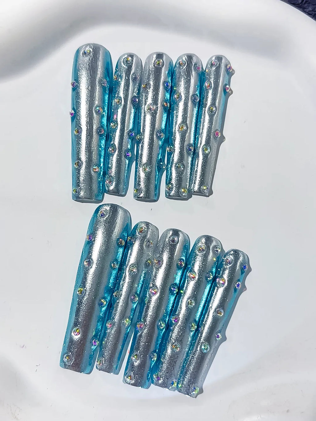 L114 - Long Silver Blue Square Metallic Rhinestone