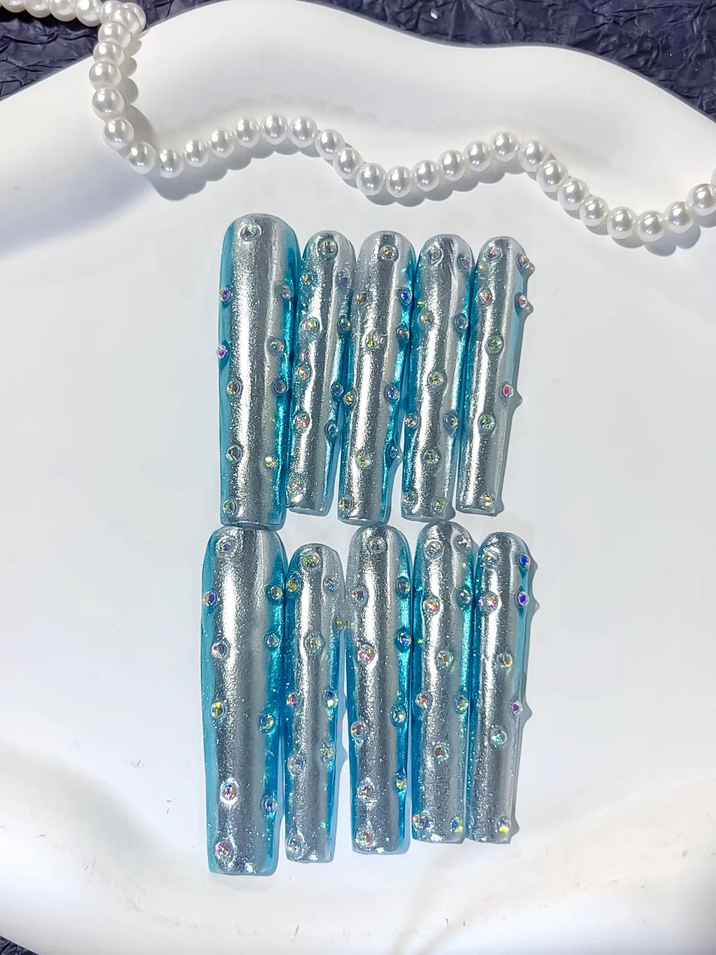 L114 - Long Silver Blue Square Metallic Rhinestone