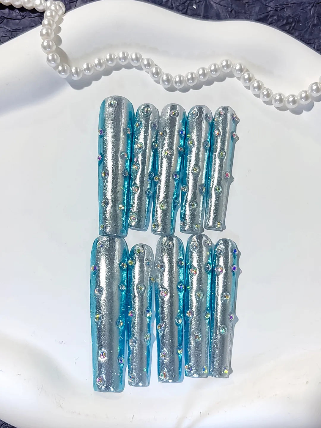 L114 - Long Silver Blue Square Metallic Rhinestone