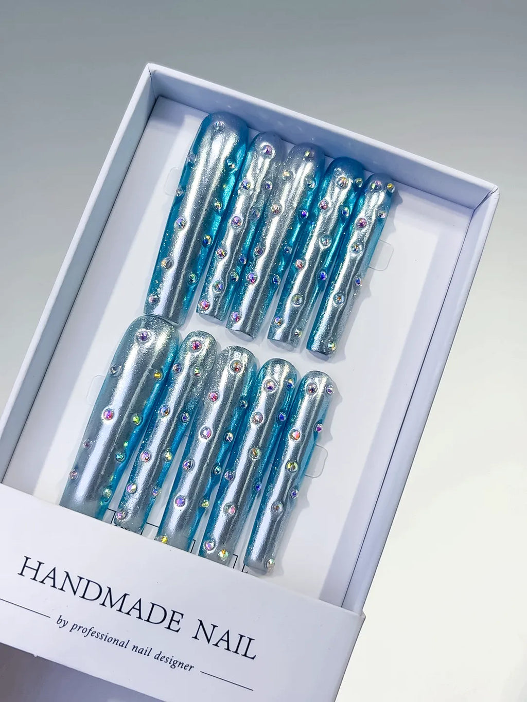 L114 - Long Silver Blue Square Metallic Rhinestone