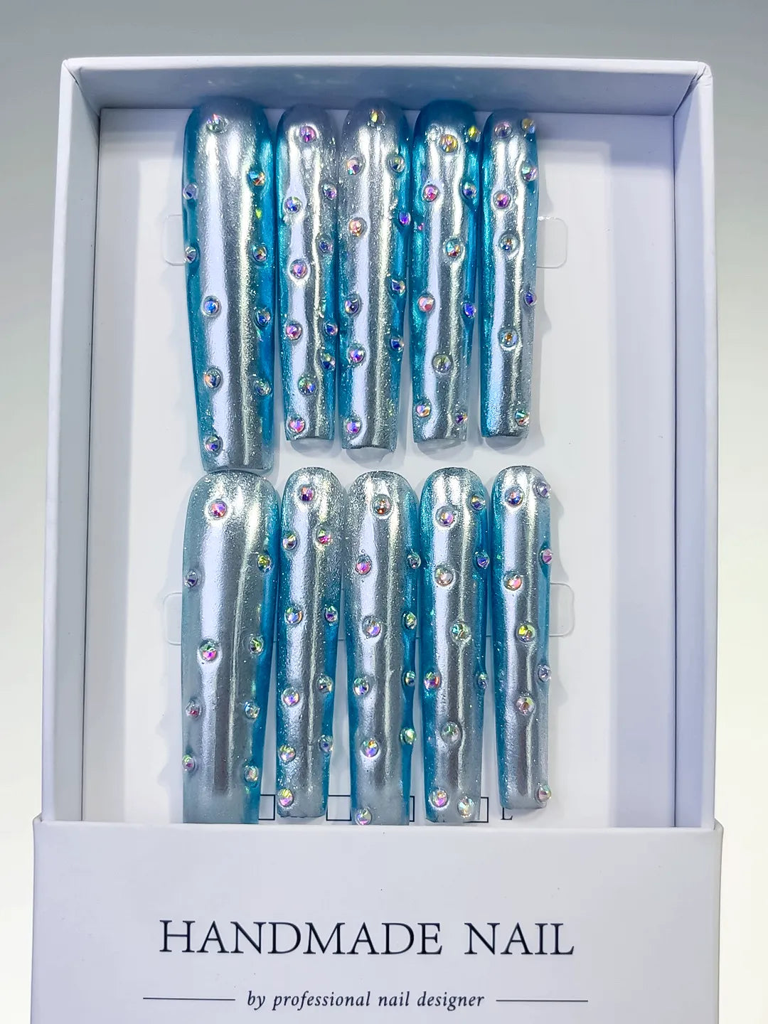 L114 - Long Silver Blue Square Metallic Rhinestone
