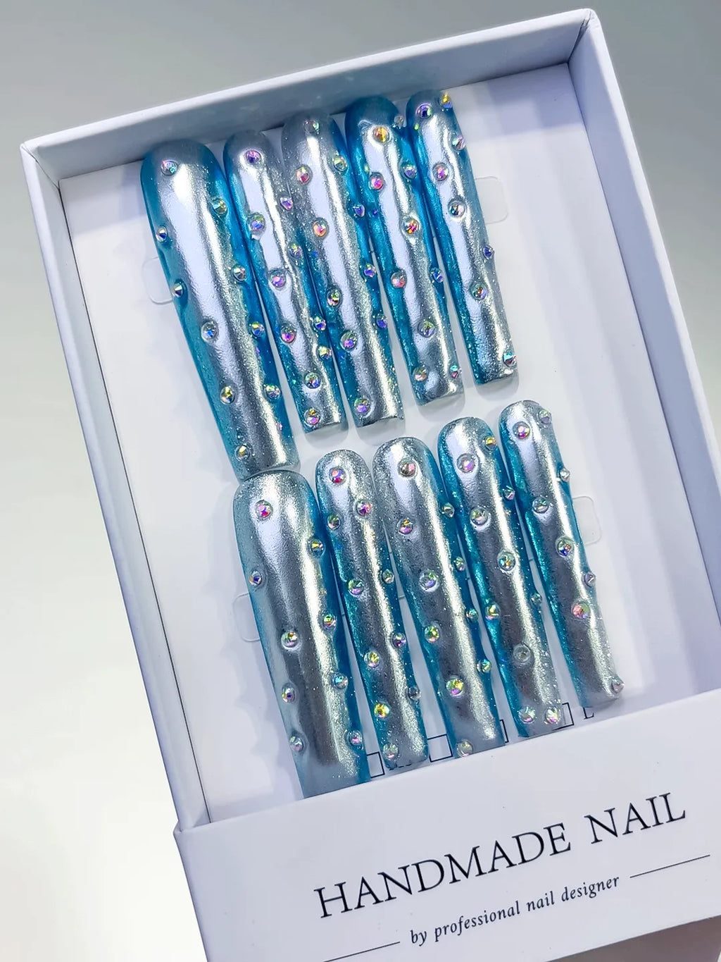L114 - Long Silver Blue Square Metallic Rhinestone