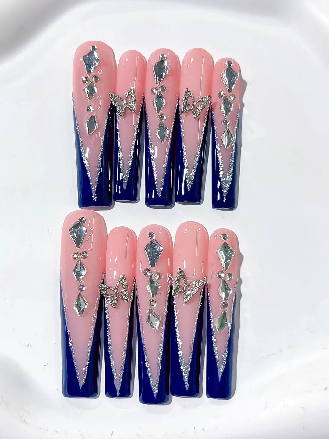 L115 - Long Nude Blue Square French tip Butterfly Rhinestone