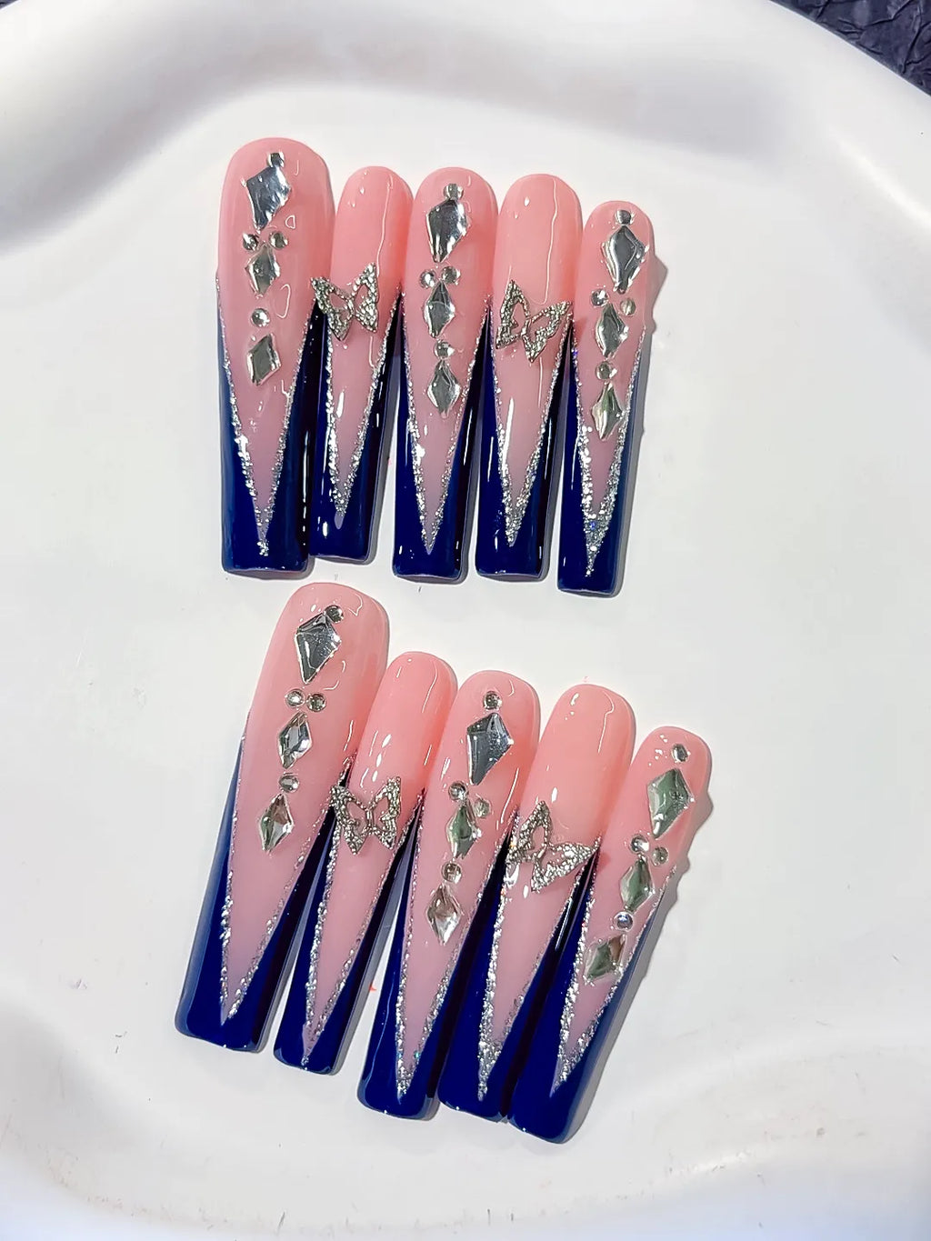 L115 - Long Nude Blue Square French tip Butterfly Rhinestone