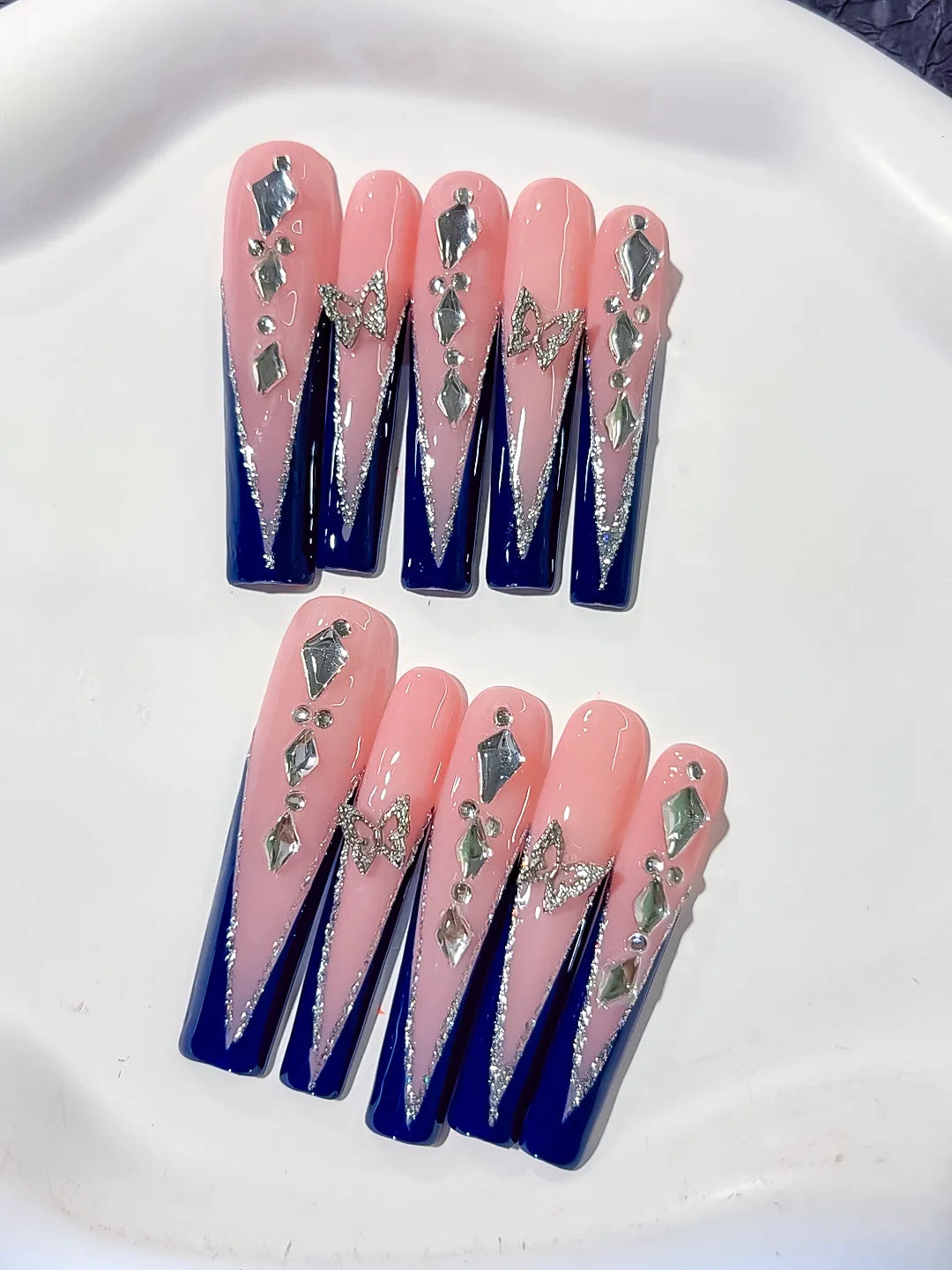 L115 - Long Nude Blue Square French tip Butterfly Rhinestone
