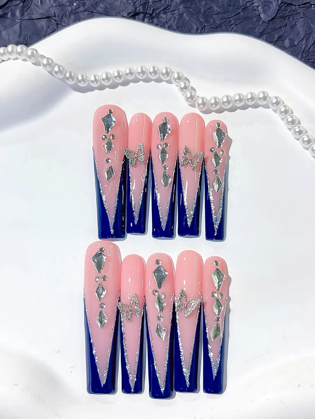 L115 - Long Nude Blue Square French tip Butterfly Rhinestone
