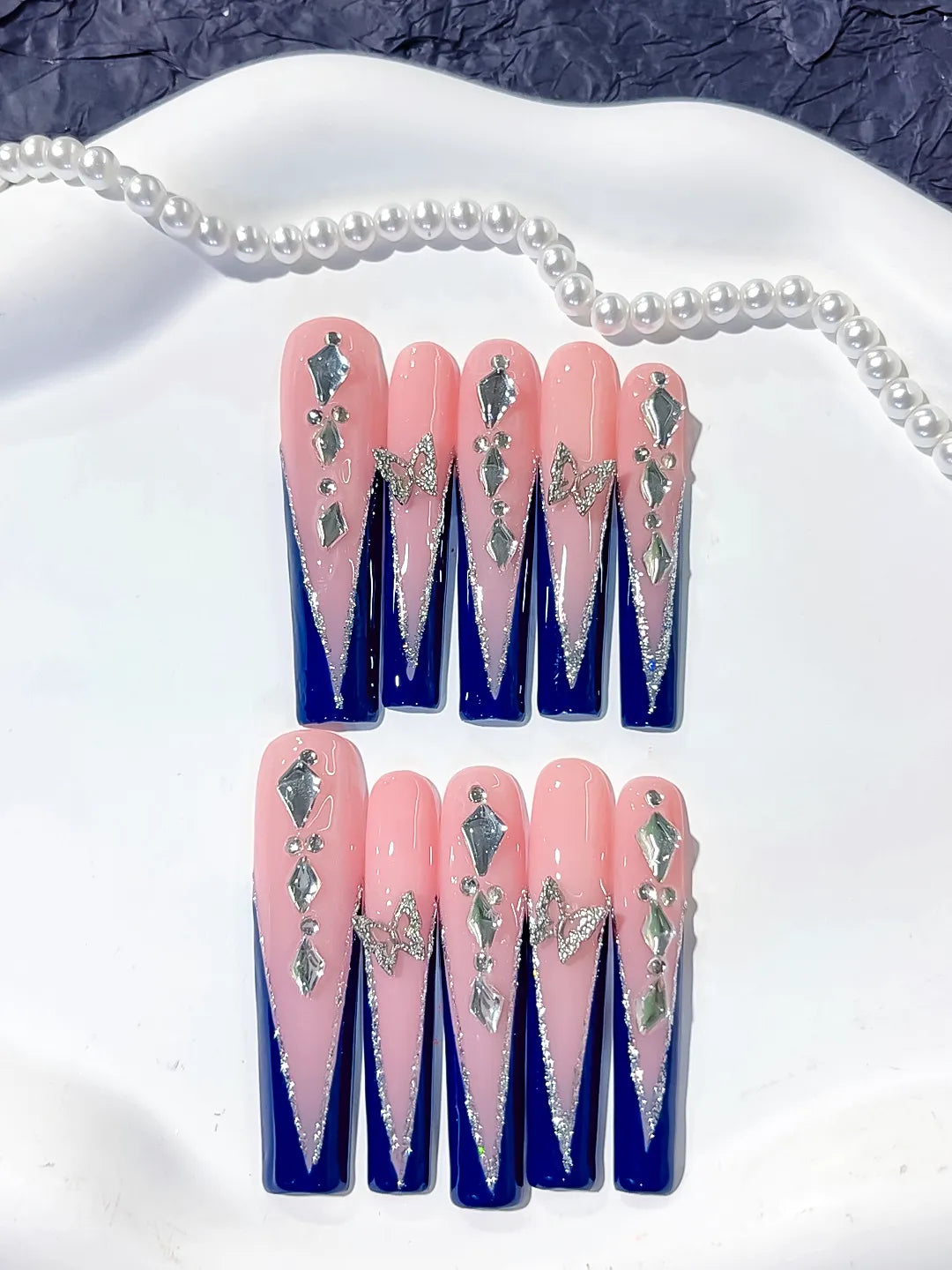L115 - Long Nude Blue Square French tip Butterfly Rhinestone
