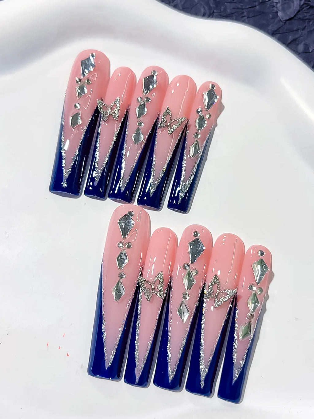 L115 - Long Nude Blue Square French tip Butterfly Rhinestone