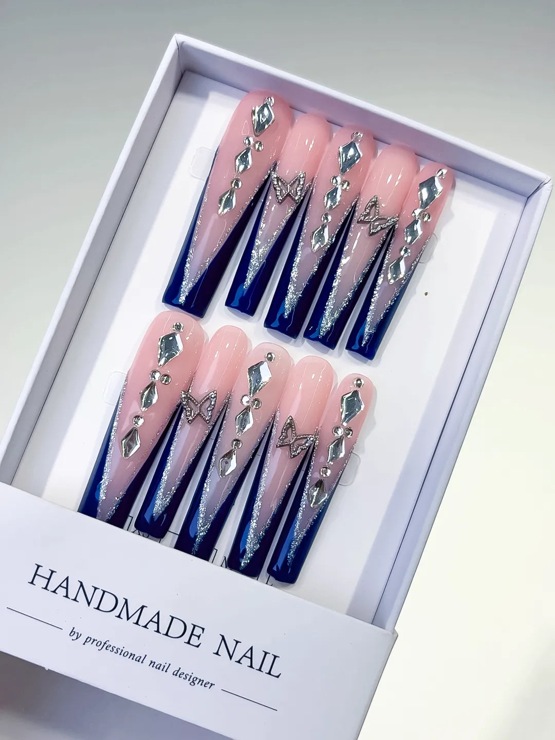 L115 - Long Nude Blue Square French tip Butterfly Rhinestone
