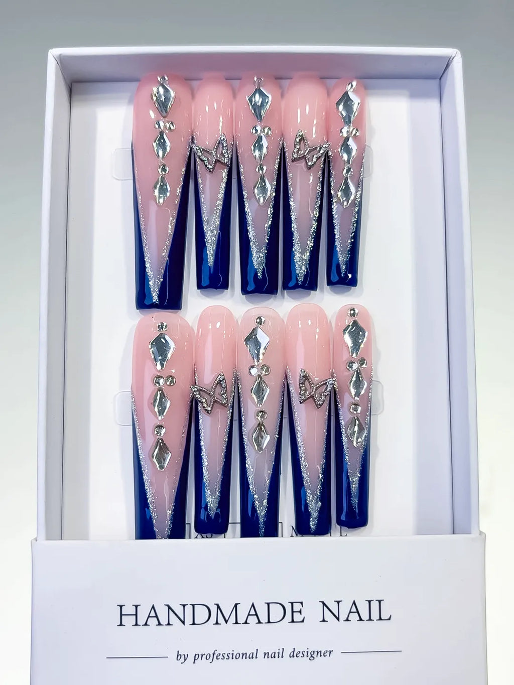 L115 - Long Nude Blue Square French tip Butterfly Rhinestone