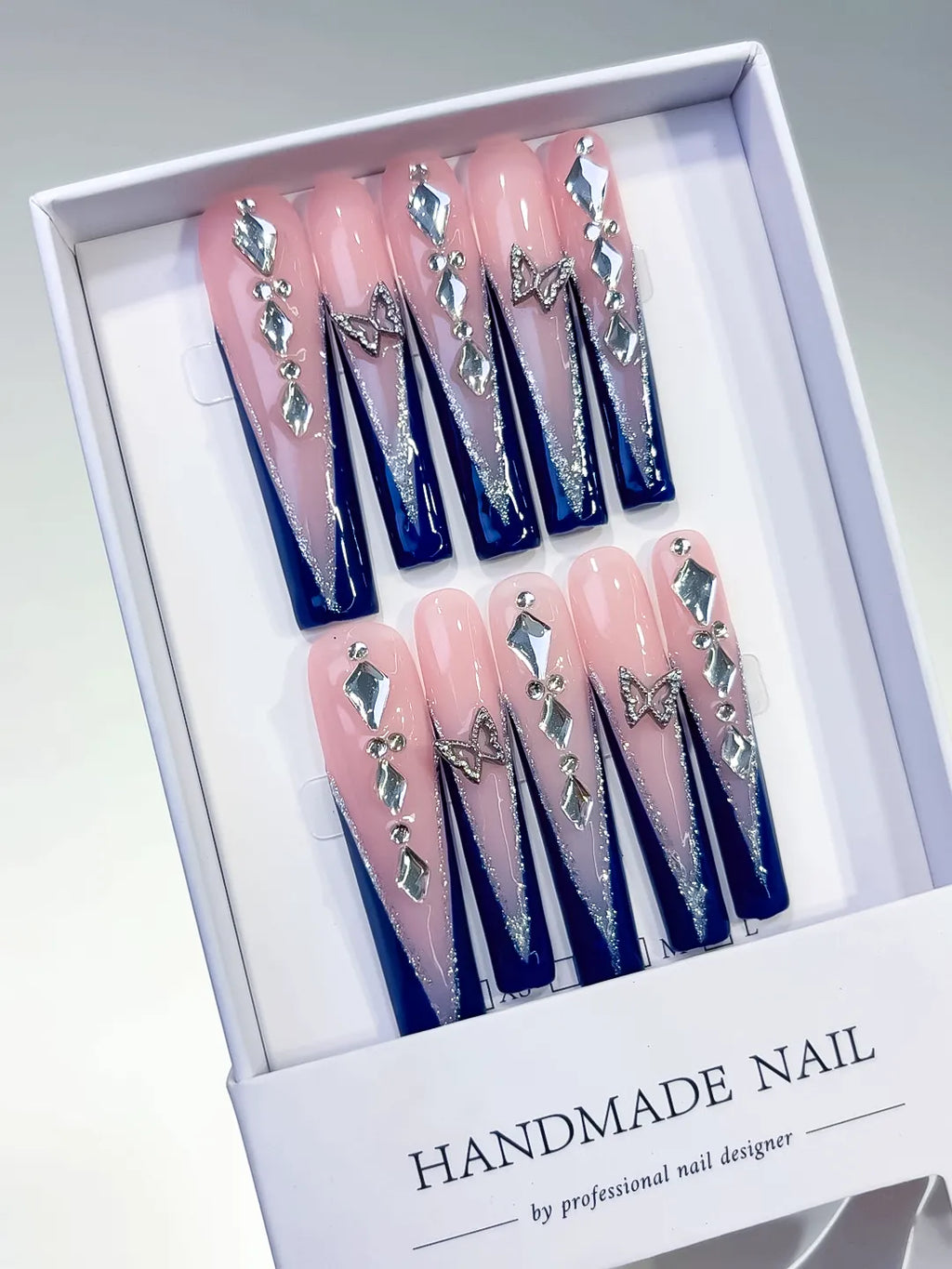 L115 - Long Nude Blue Square French tip Butterfly Rhinestone