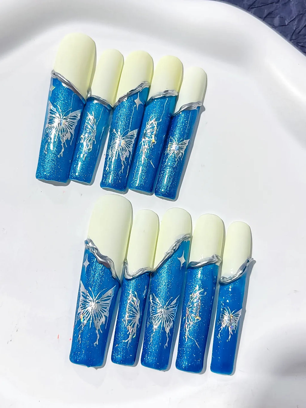L116 - Long Blue White Square French tip Floral