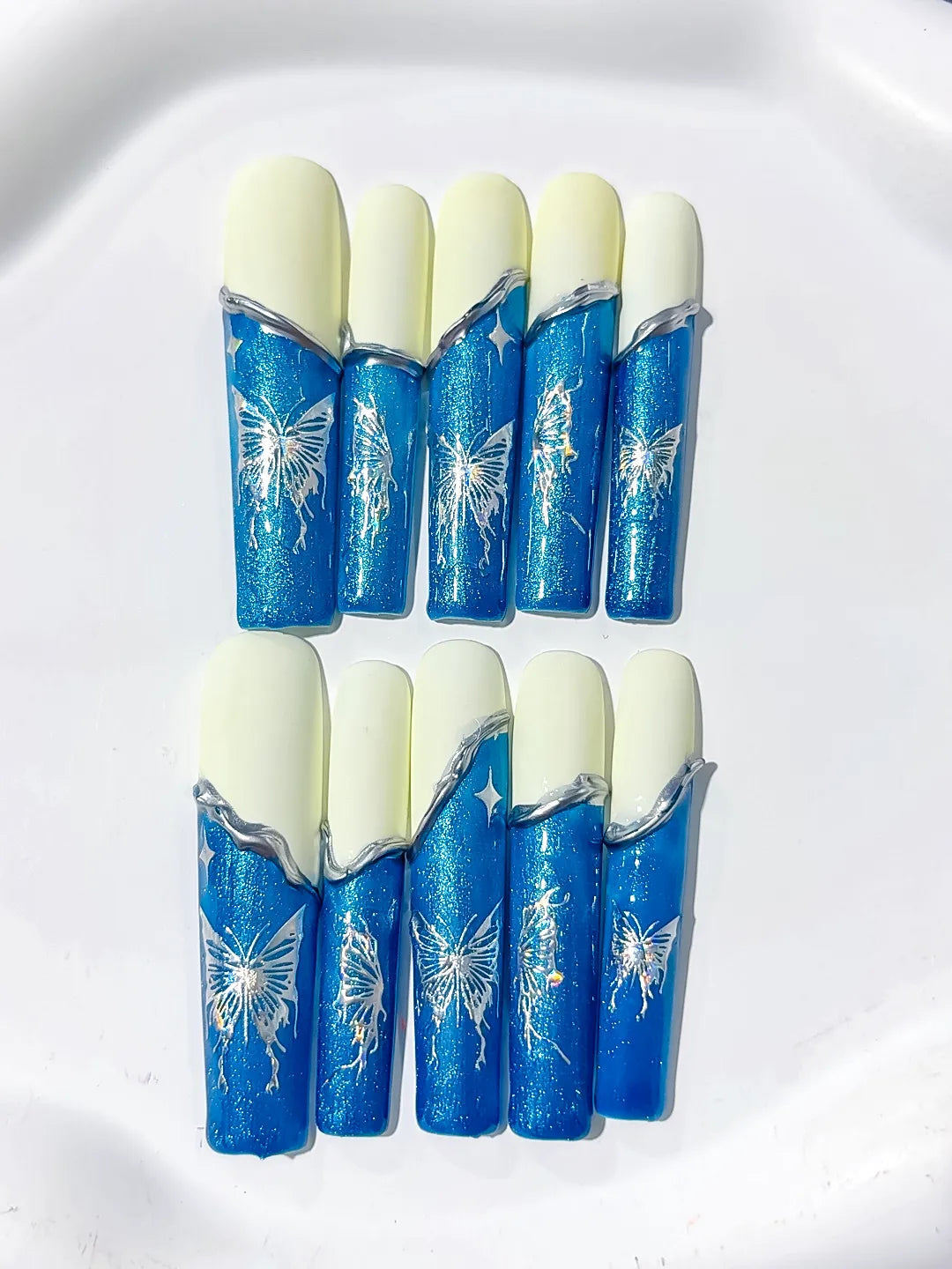 L116 - Long Blue White Square French tip Floral