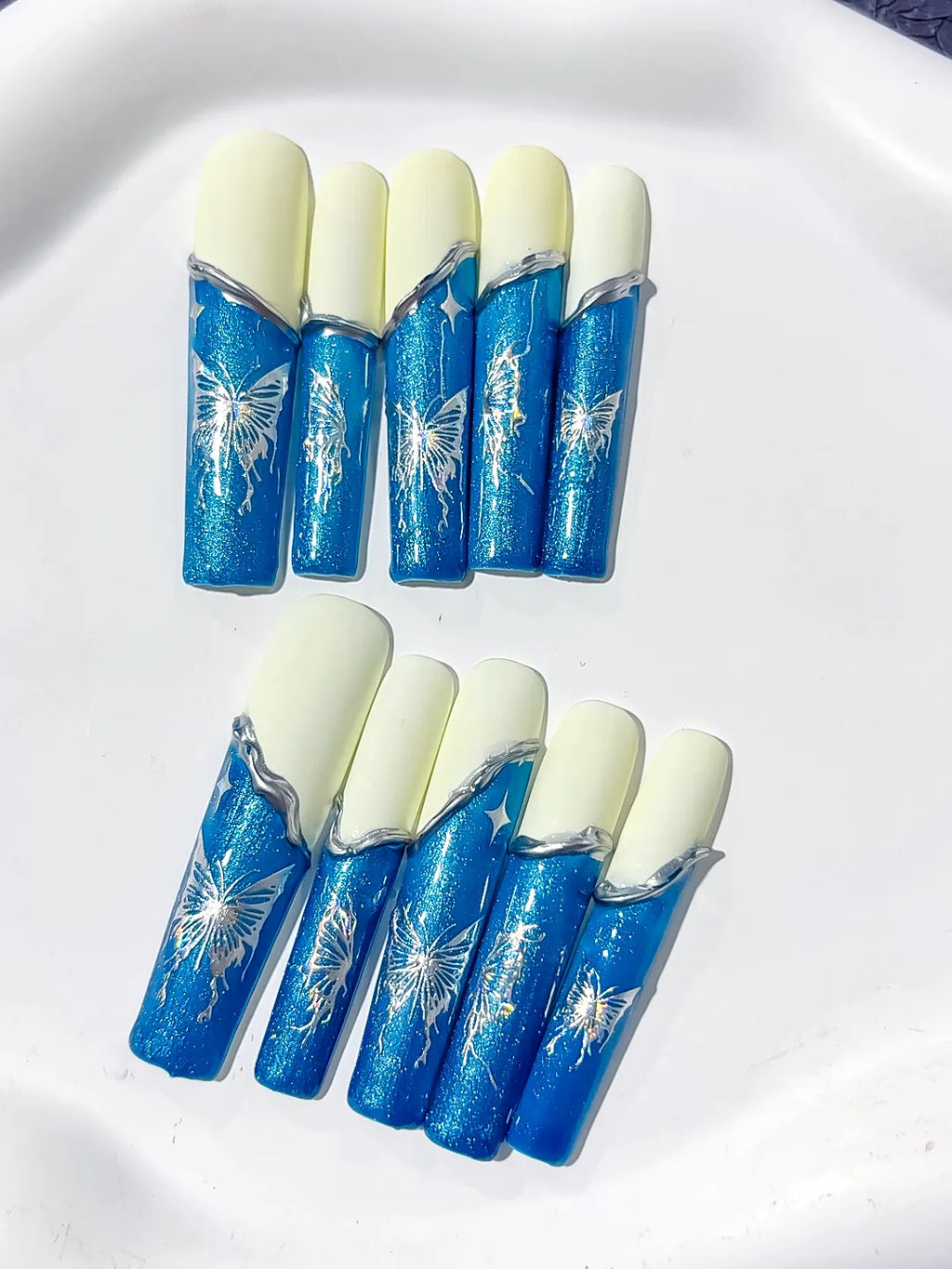 L116 - Long Blue White Square French tip Floral