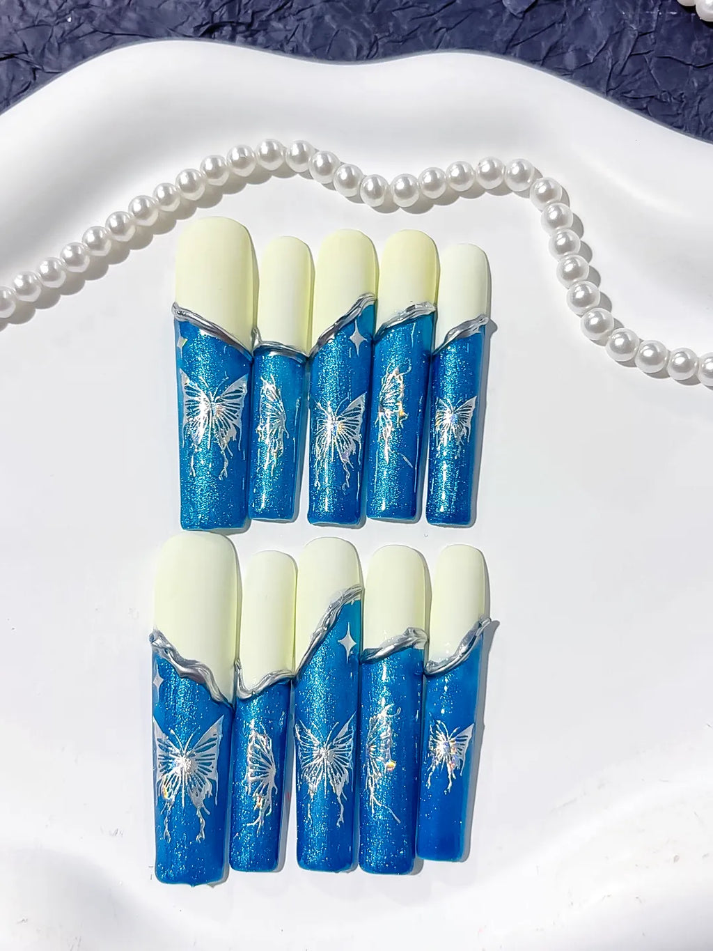 L116 - Long Blue White Square French tip Floral