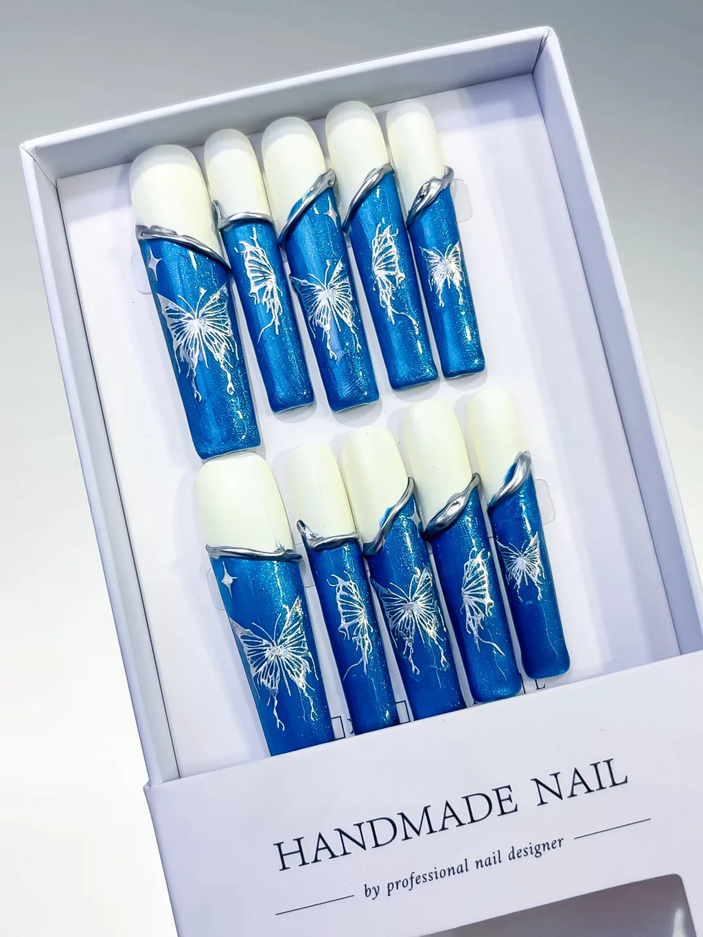L116 - Long Blue White Square French tip Floral
