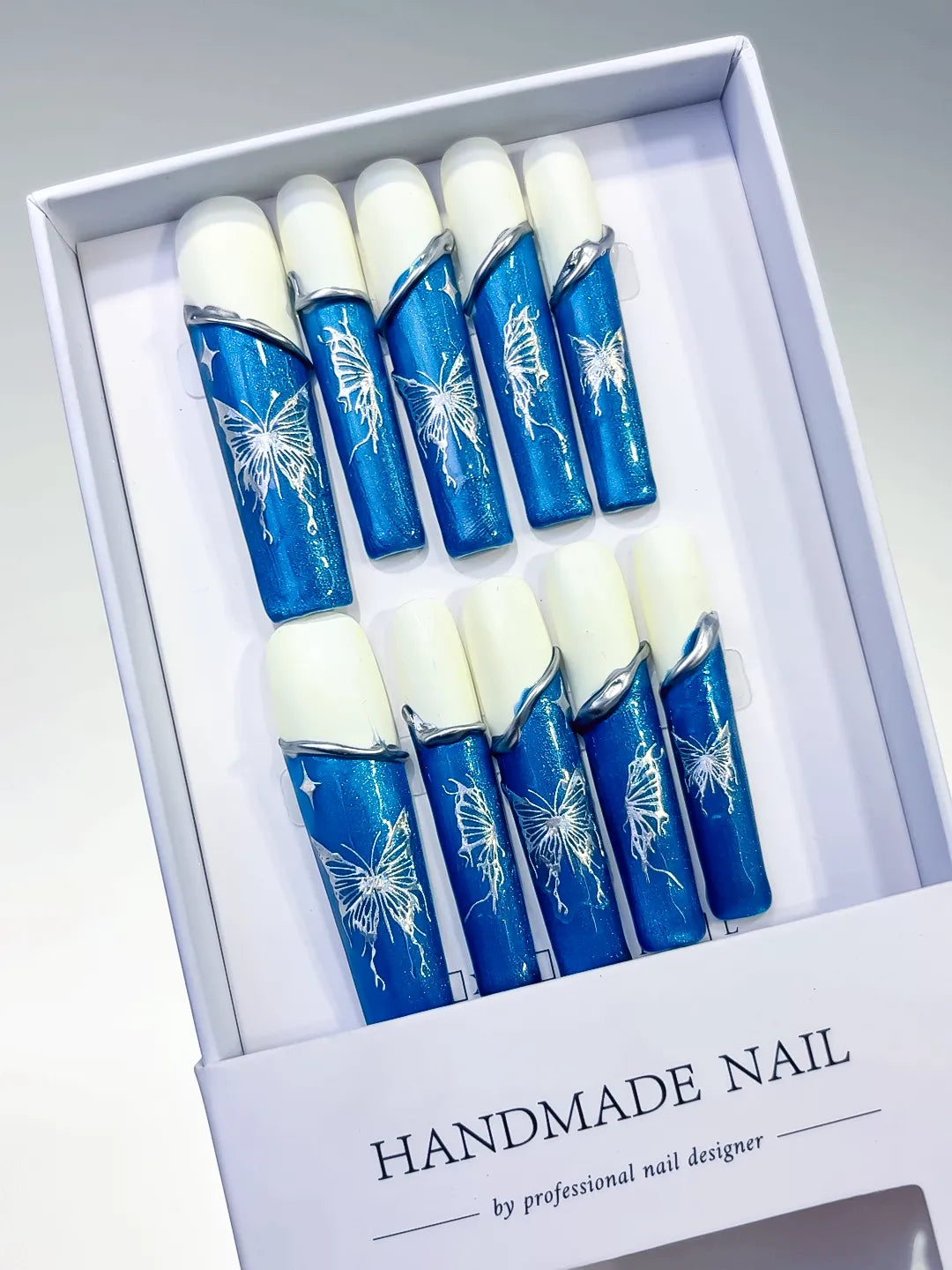 L116 - Long Blue White Square French tip Floral
