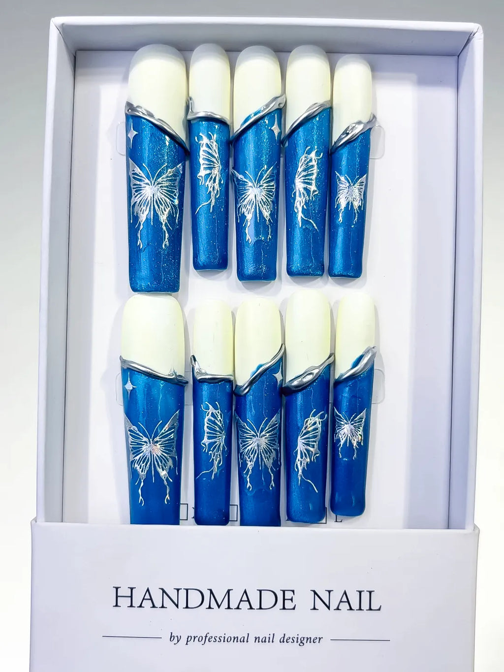 L116 - Long Blue White Square French tip Floral