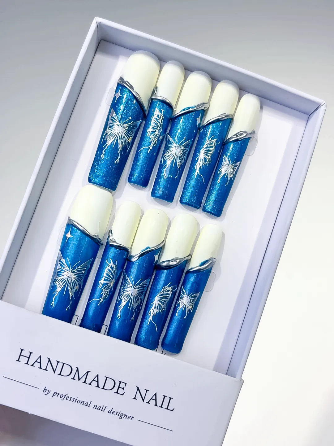 L116 - Long Blue White Square French tip Floral