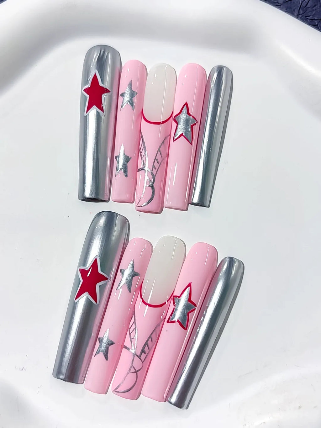L117 - Long Pink Silver Square Metallic Star 3D
