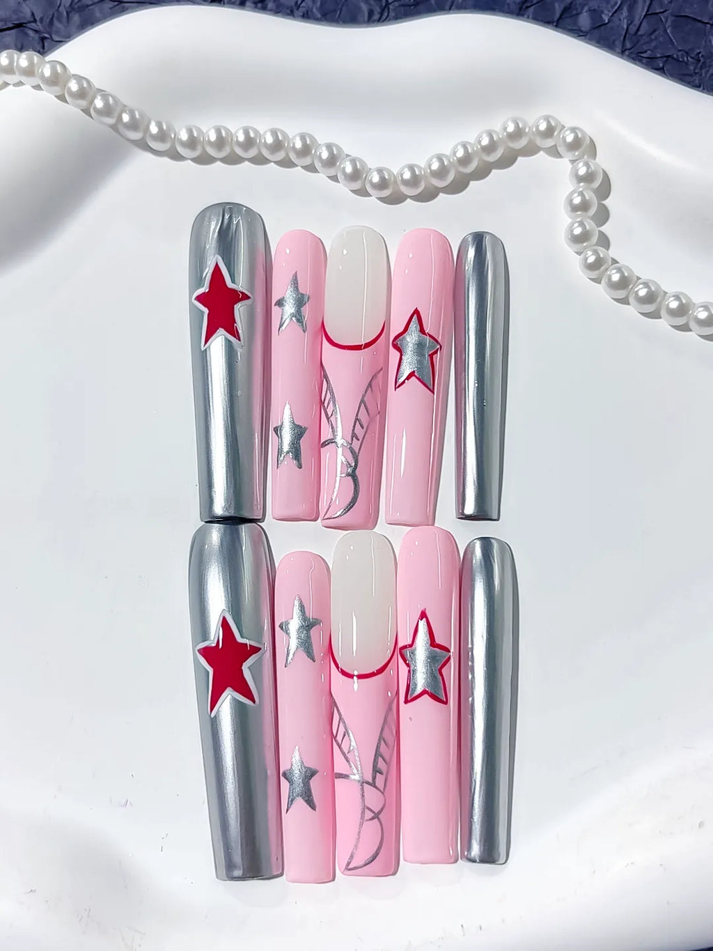 L117 - Long Pink Silver Square Metallic Star 3D