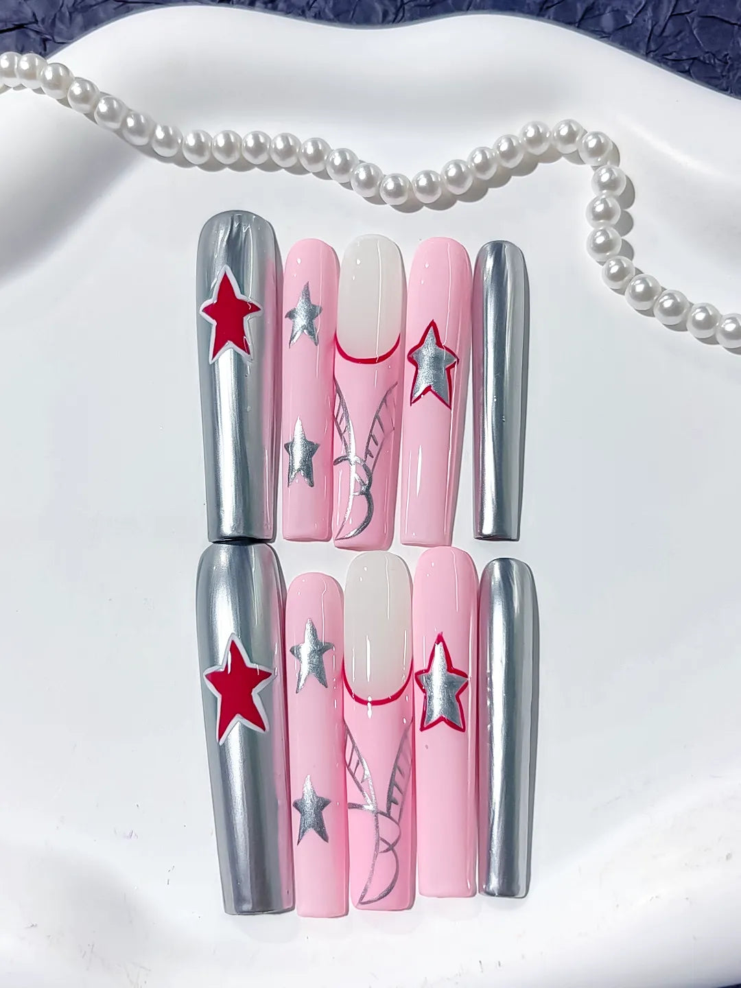 L117 - Long Pink Silver Square Metallic Star 3D