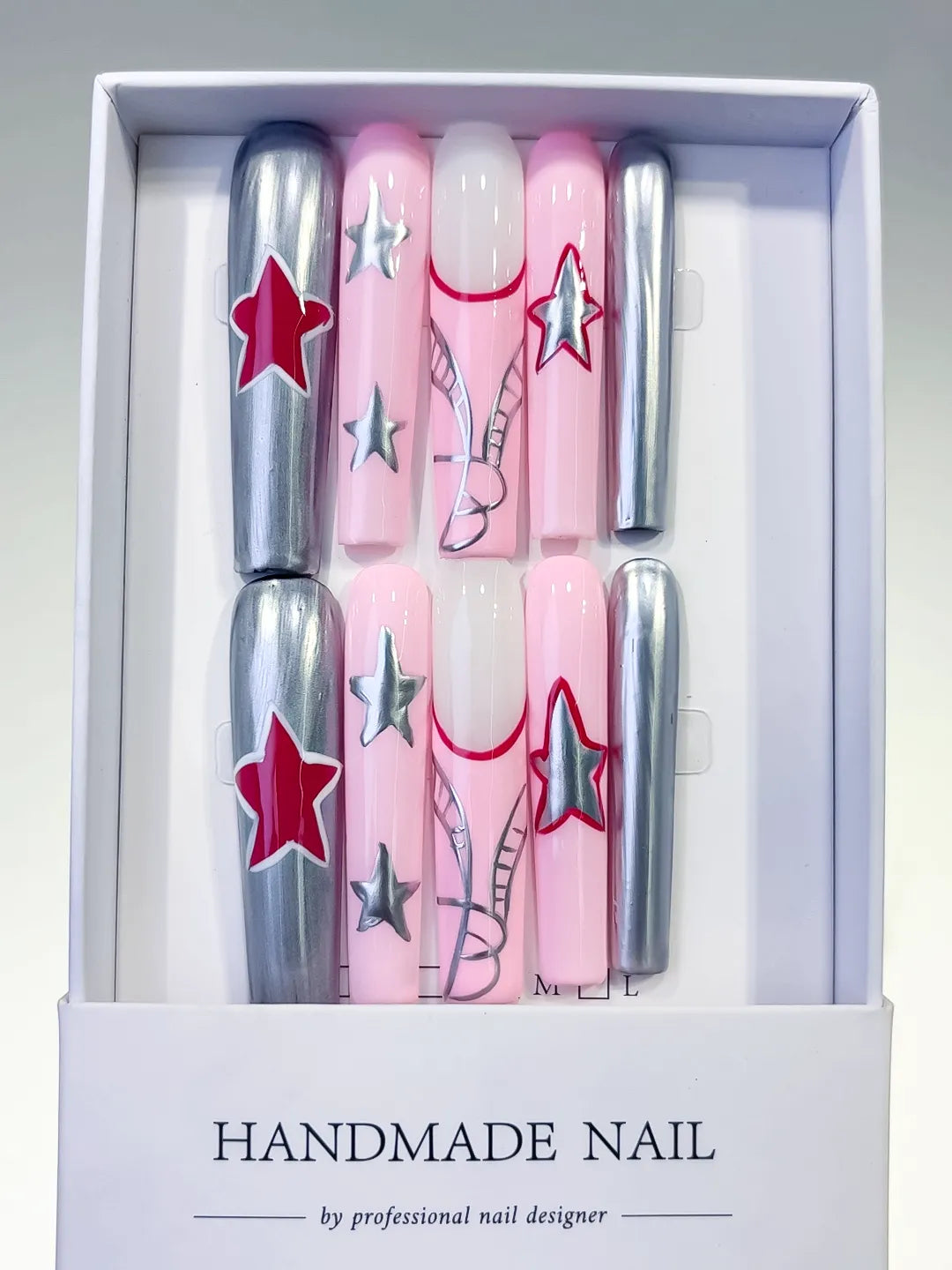L117 - Long Pink Silver Square Metallic Star 3D