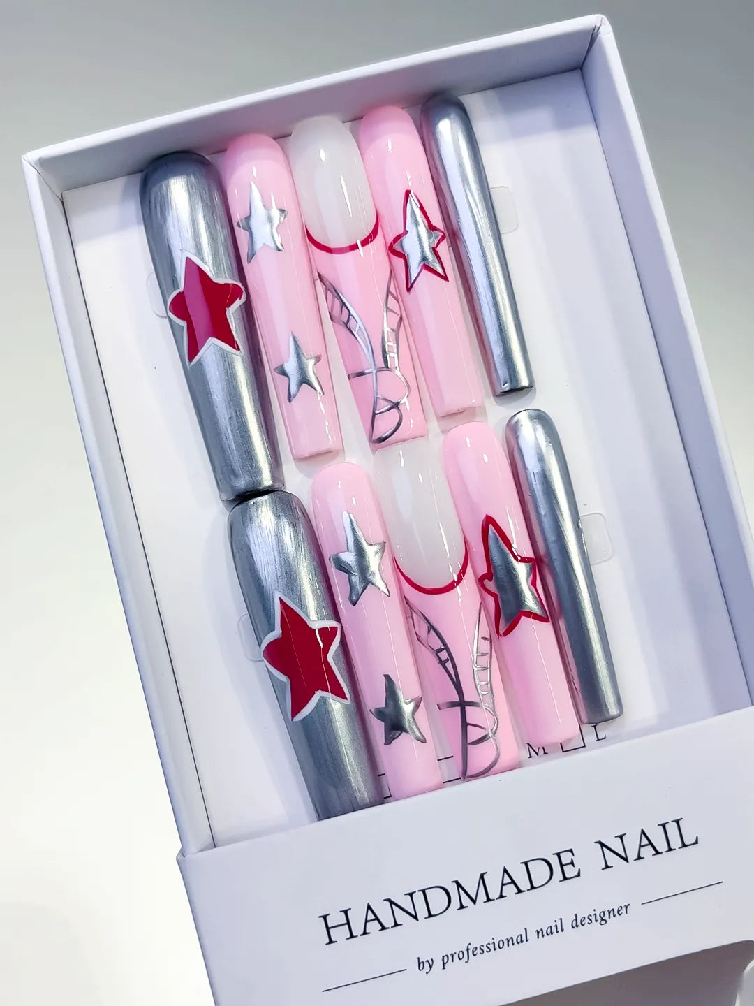 L117 - Long Pink Silver Square Metallic Star 3D