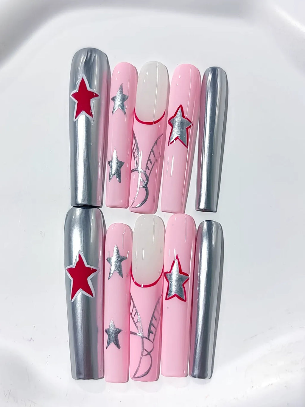 L117 - Long Pink Silver Square Metallic Star 3D