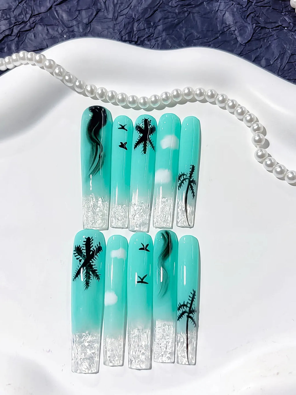 L118 - Long Blue White Square Ombre Palm Tree Cloud