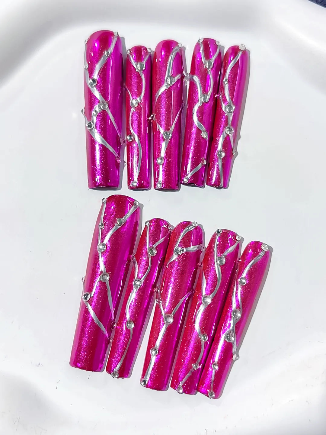 L119 - Long Pink Silver Square Metallic Rhinestone