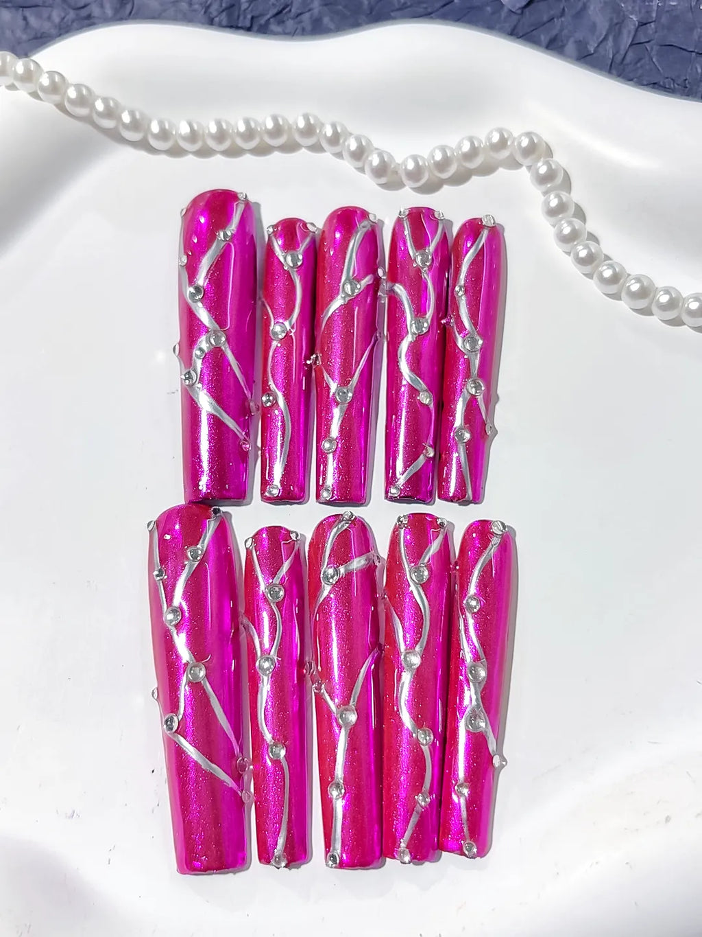 L119 - Long Pink Silver Square Metallic Rhinestone